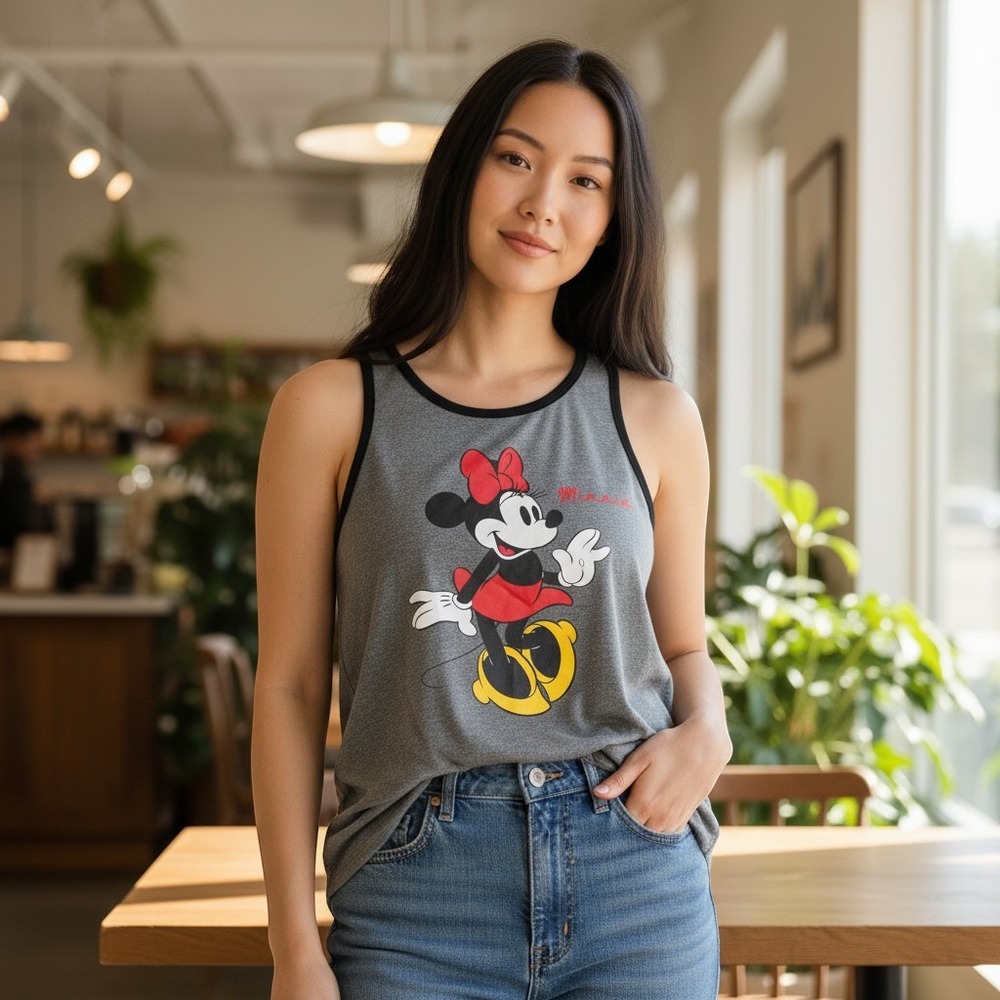 Disney Minnie Mouse tank top women 1X gray racerback graphic print scoop neck